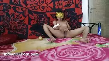 Indian Skinny Girl In Bed With Mask Using Her Electric Vibe For Masturbation