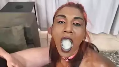 Indian girl sucking dick with her hands cuffed behind her back | cum in mouth | cum swallow